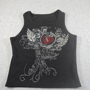 Womens Black Ribbed Tank Top Rhinestone Heart Wings Graphic Print Size S grunge